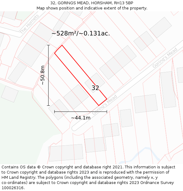 32, GORINGS MEAD, HORSHAM, RH13 5BP: Plot and title map