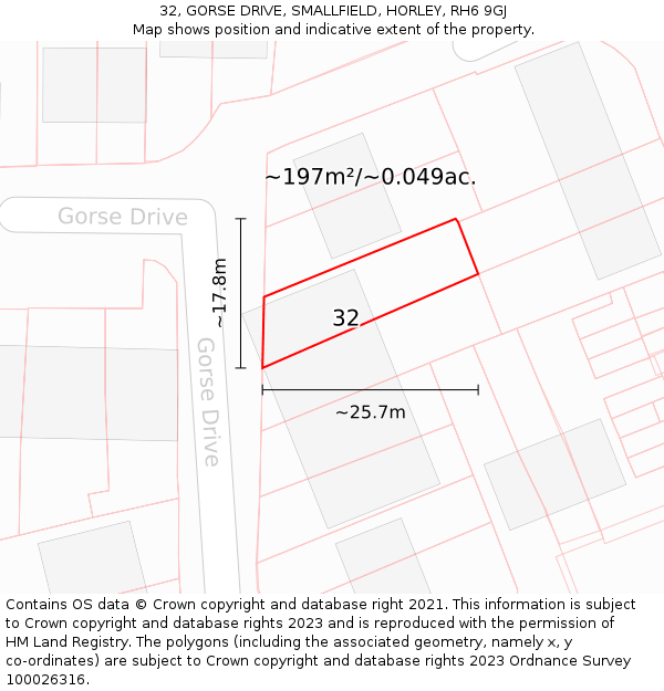 32, GORSE DRIVE, SMALLFIELD, HORLEY, RH6 9GJ: Plot and title map