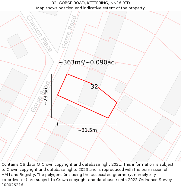 32, GORSE ROAD, KETTERING, NN16 9TD: Plot and title map
