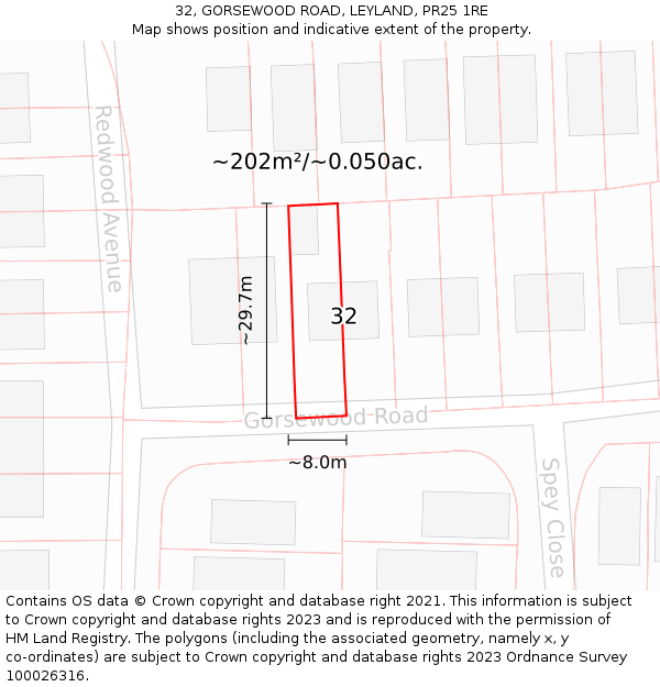 32, GORSEWOOD ROAD, LEYLAND, PR25 1RE: Plot and title map