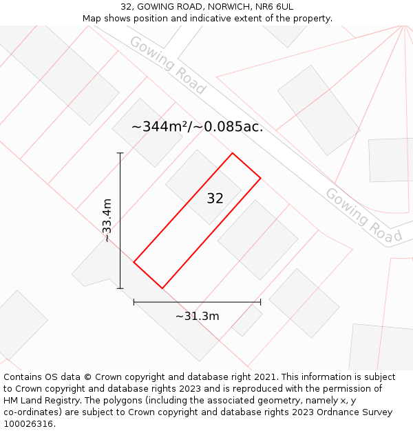 32, GOWING ROAD, NORWICH, NR6 6UL: Plot and title map