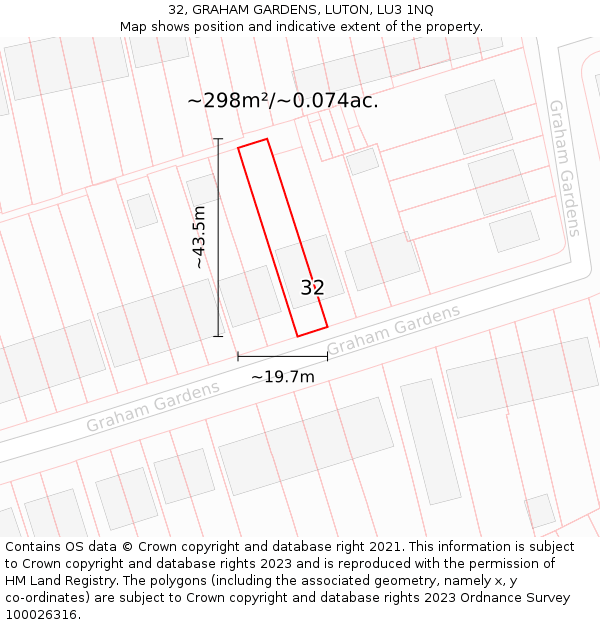 32, GRAHAM GARDENS, LUTON, LU3 1NQ: Plot and title map