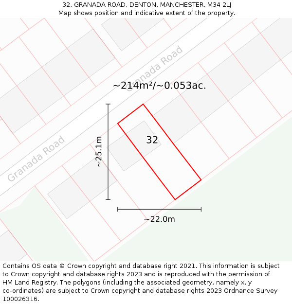 32, GRANADA ROAD, DENTON, MANCHESTER, M34 2LJ: Plot and title map