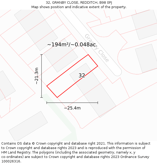 32, GRANBY CLOSE, REDDITCH, B98 0PJ: Plot and title map