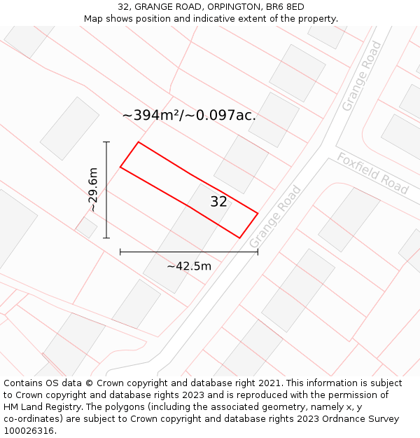 32, GRANGE ROAD, ORPINGTON, BR6 8ED: Plot and title map