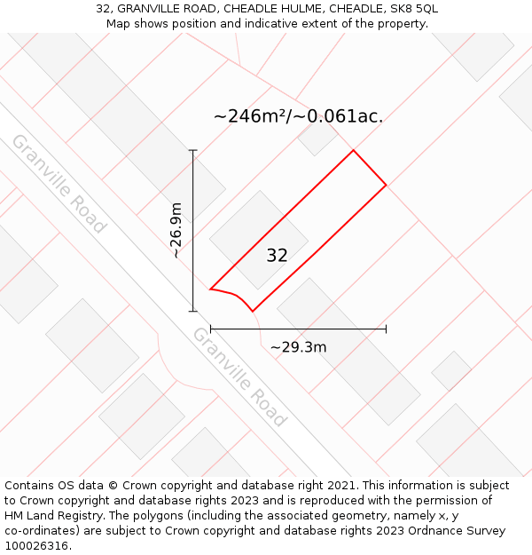 32, GRANVILLE ROAD, CHEADLE HULME, CHEADLE, SK8 5QL: Plot and title map