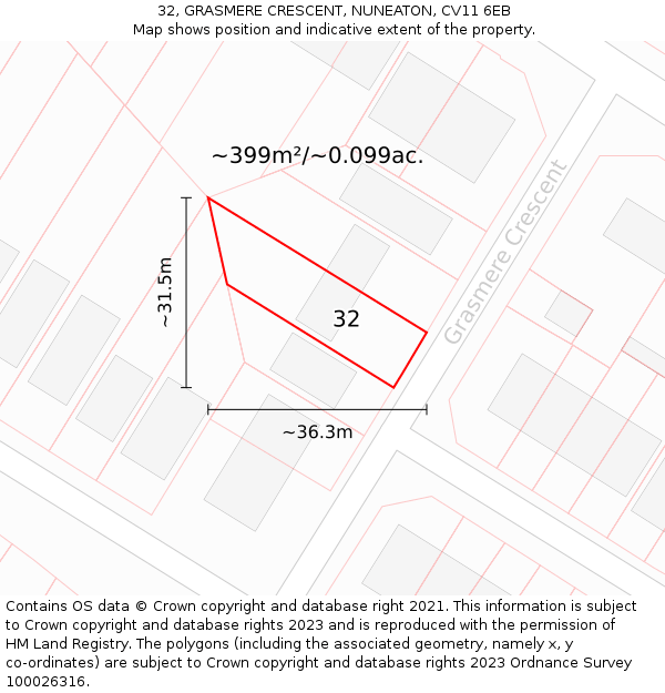 32, GRASMERE CRESCENT, NUNEATON, CV11 6EB: Plot and title map