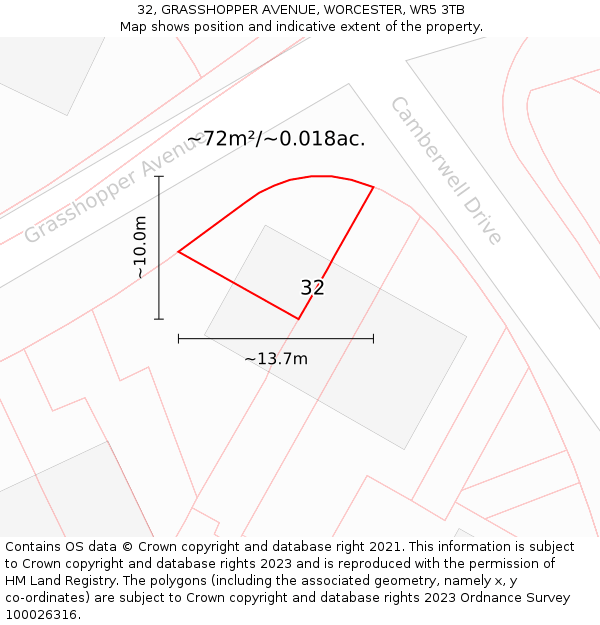 32, GRASSHOPPER AVENUE, WORCESTER, WR5 3TB: Plot and title map