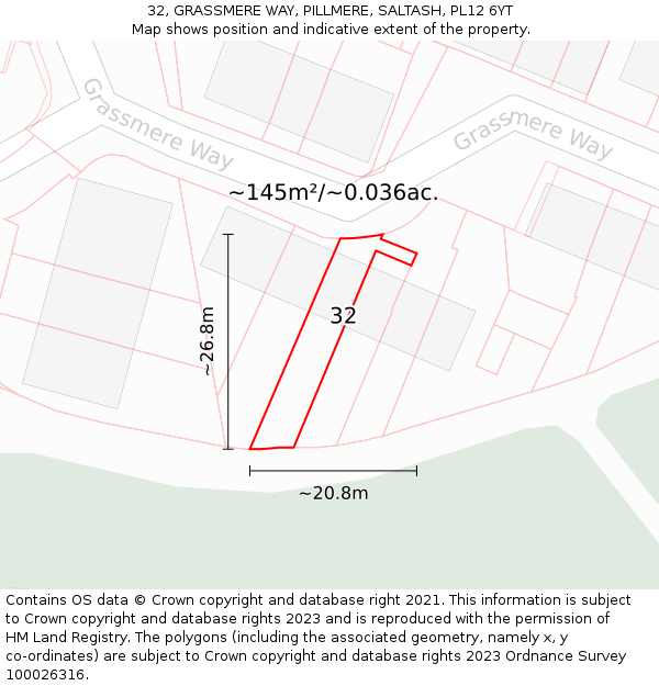 32, GRASSMERE WAY, PILLMERE, SALTASH, PL12 6YT: Plot and title map