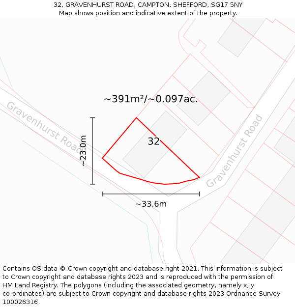 32, GRAVENHURST ROAD, CAMPTON, SHEFFORD, SG17 5NY: Plot and title map