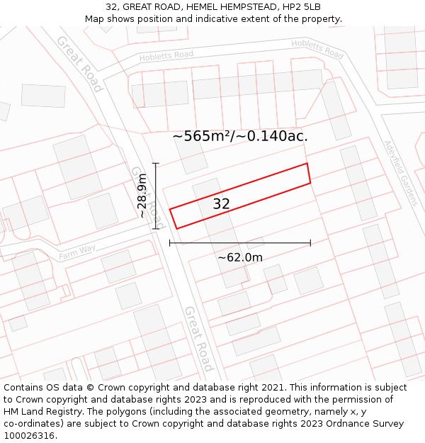 32, GREAT ROAD, HEMEL HEMPSTEAD, HP2 5LB: Plot and title map