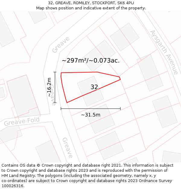 32, GREAVE, ROMILEY, STOCKPORT, SK6 4PU: Plot and title map
