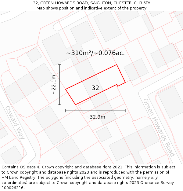32, GREEN HOWARDS ROAD, SAIGHTON, CHESTER, CH3 6FA: Plot and title map