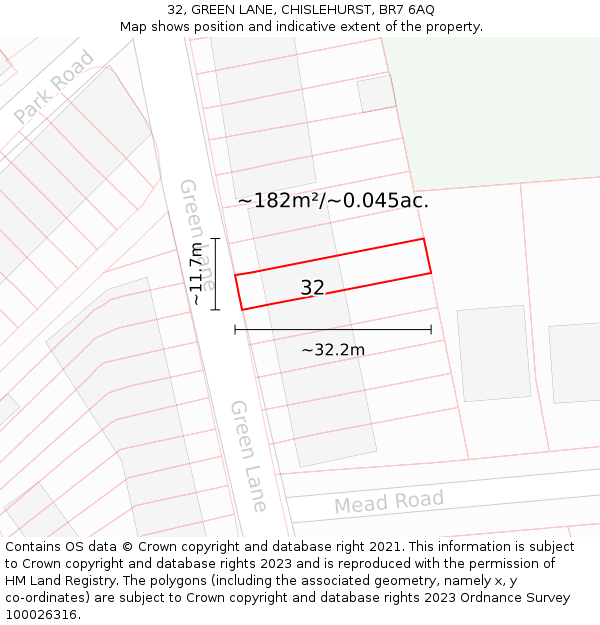 32, GREEN LANE, CHISLEHURST, BR7 6AQ: Plot and title map
