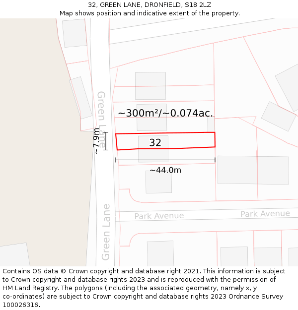 32, GREEN LANE, DRONFIELD, S18 2LZ: Plot and title map