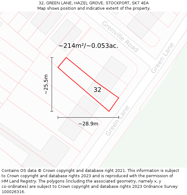 32, GREEN LANE, HAZEL GROVE, STOCKPORT, SK7 4EA: Plot and title map