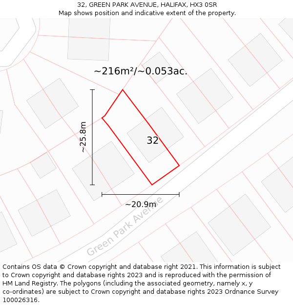 32, GREEN PARK AVENUE, HALIFAX, HX3 0SR: Plot and title map