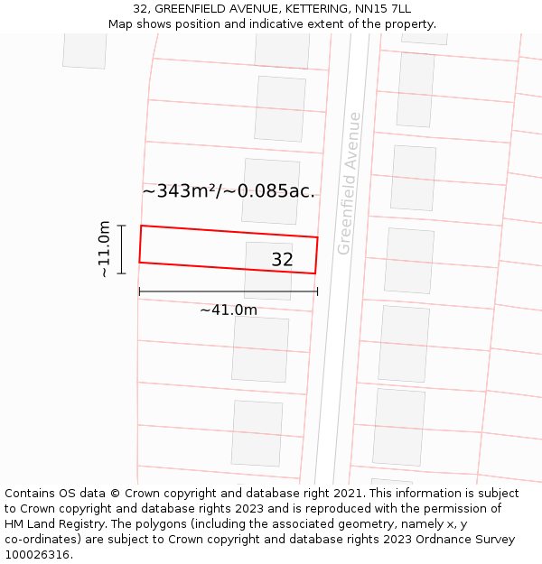 32, GREENFIELD AVENUE, KETTERING, NN15 7LL: Plot and title map