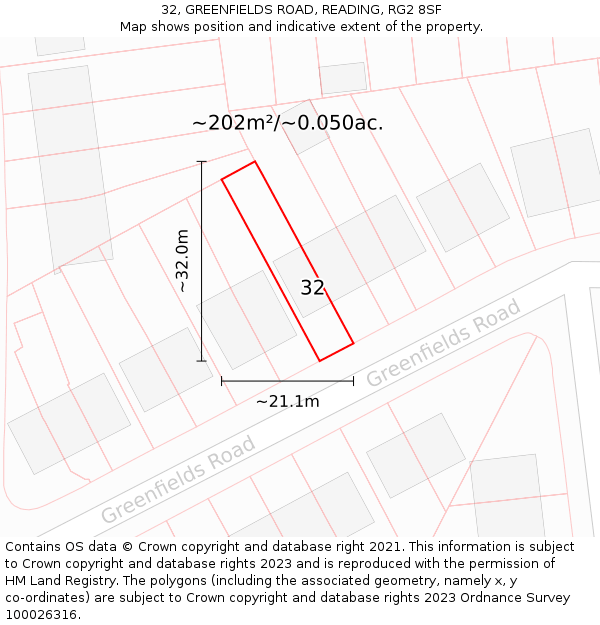 32, GREENFIELDS ROAD, READING, RG2 8SF: Plot and title map