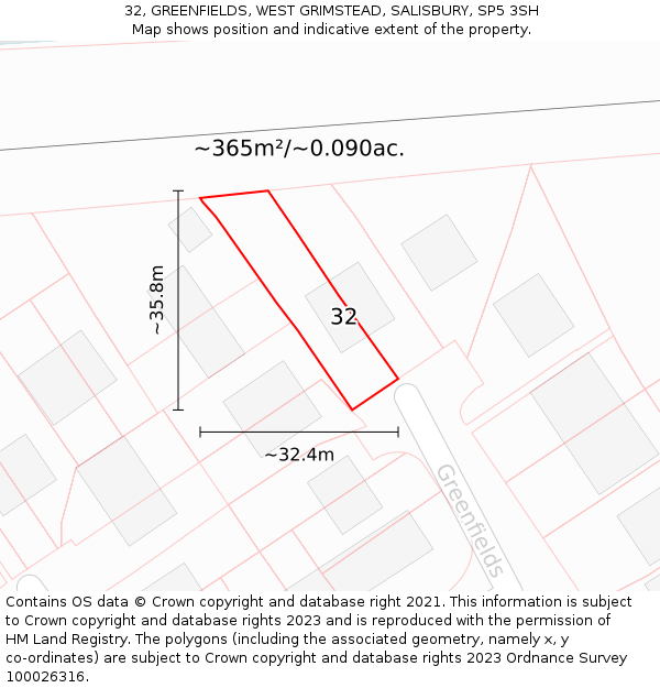 32, GREENFIELDS, WEST GRIMSTEAD, SALISBURY, SP5 3SH: Plot and title map