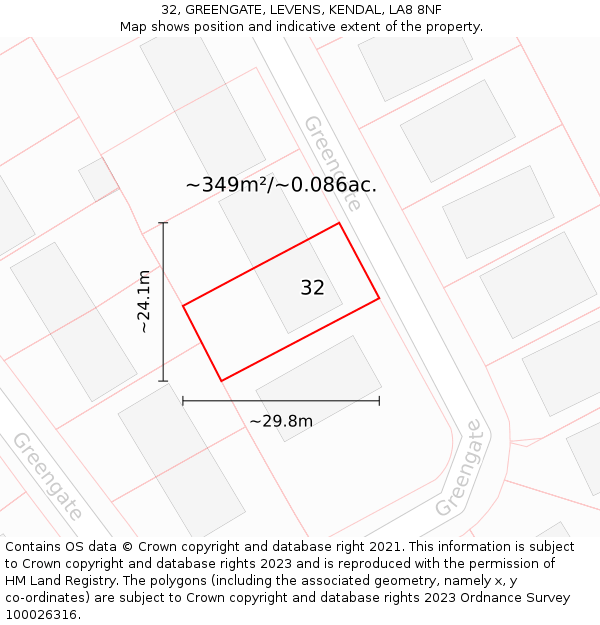 32, GREENGATE, LEVENS, KENDAL, LA8 8NF: Plot and title map