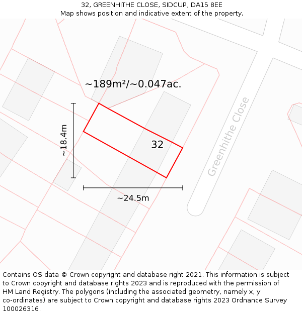32, GREENHITHE CLOSE, SIDCUP, DA15 8EE: Plot and title map