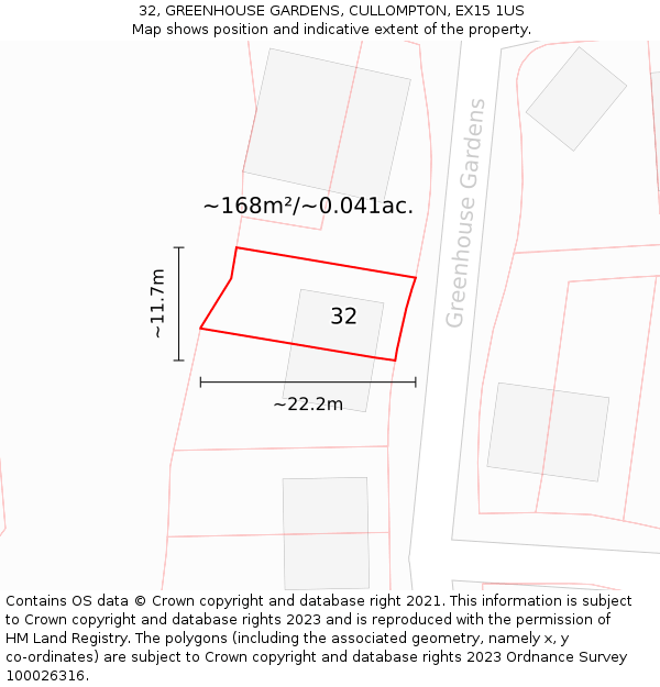 32, GREENHOUSE GARDENS, CULLOMPTON, EX15 1US: Plot and title map