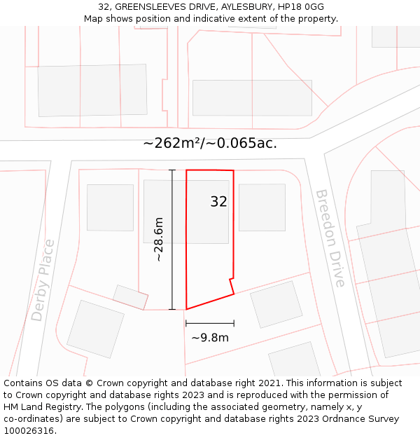 32, GREENSLEEVES DRIVE, AYLESBURY, HP18 0GG: Plot and title map