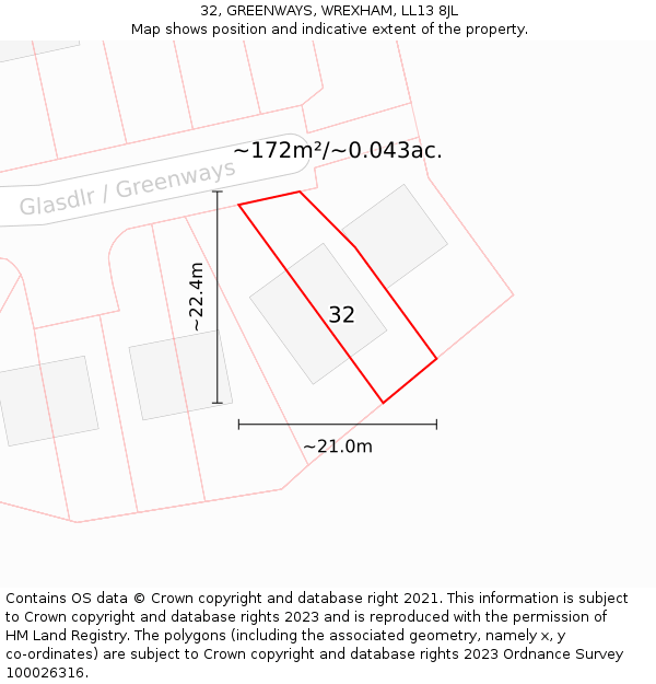 32, GREENWAYS, WREXHAM, LL13 8JL: Plot and title map