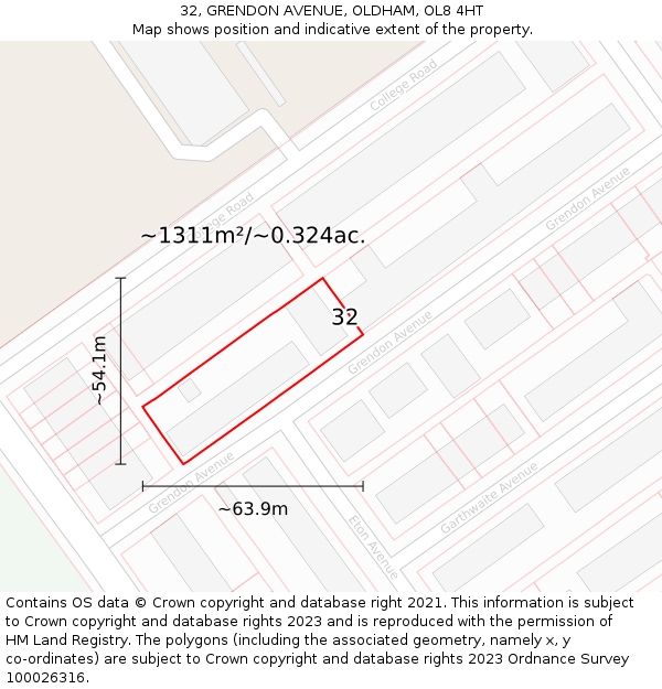 32, GRENDON AVENUE, OLDHAM, OL8 4HT: Plot and title map