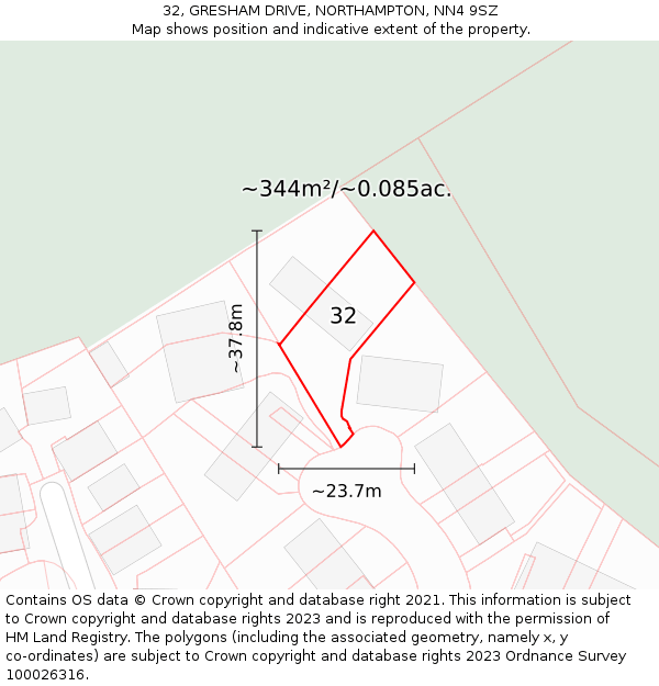 32, GRESHAM DRIVE, NORTHAMPTON, NN4 9SZ: Plot and title map