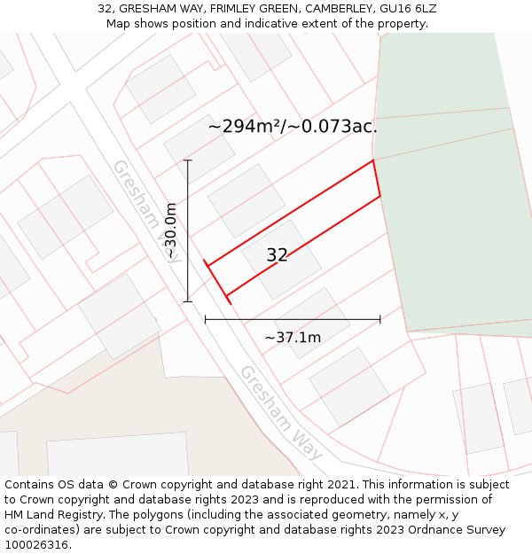 32, GRESHAM WAY, FRIMLEY GREEN, CAMBERLEY, GU16 6LZ: Plot and title map