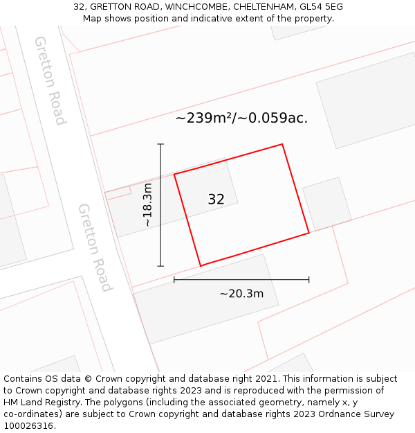 32, GRETTON ROAD, WINCHCOMBE, CHELTENHAM, GL54 5EG: Plot and title map