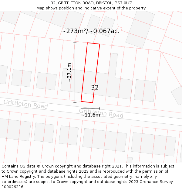 32, GRITTLETON ROAD, BRISTOL, BS7 0UZ: Plot and title map