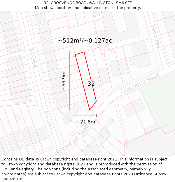 32, GROSVENOR ROAD, WALLINGTON, SM6 0EF: Plot and title map