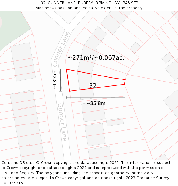 32, GUNNER LANE, RUBERY, BIRMINGHAM, B45 9EP: Plot and title map