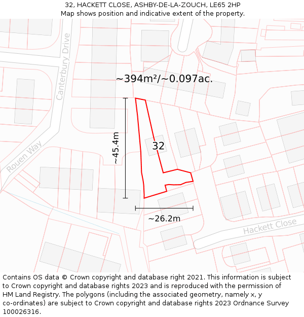 32, HACKETT CLOSE, ASHBY-DE-LA-ZOUCH, LE65 2HP: Plot and title map