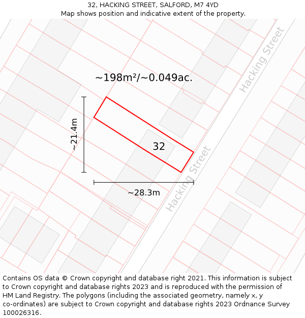 32, HACKING STREET, SALFORD, M7 4YD: Plot and title map