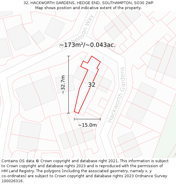 32, HACKWORTH GARDENS, HEDGE END, SOUTHAMPTON, SO30 2WP: Plot and title map