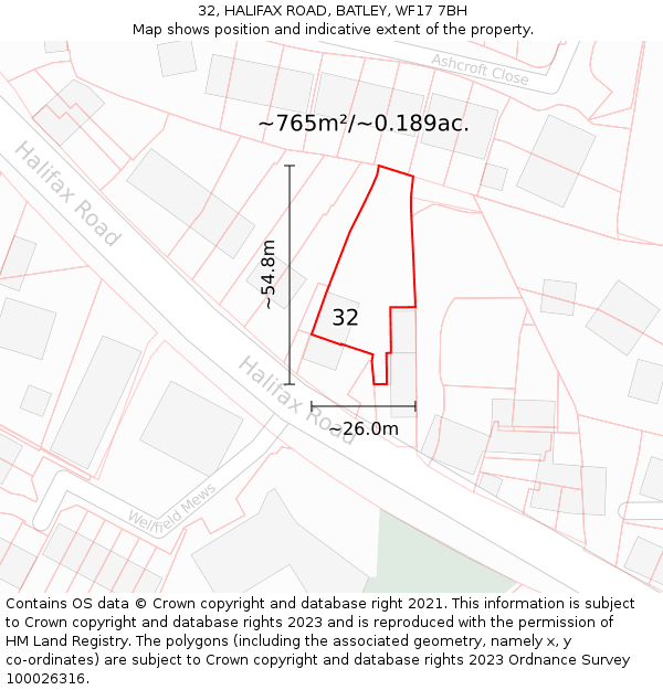 32, HALIFAX ROAD, BATLEY, WF17 7BH: Plot and title map
