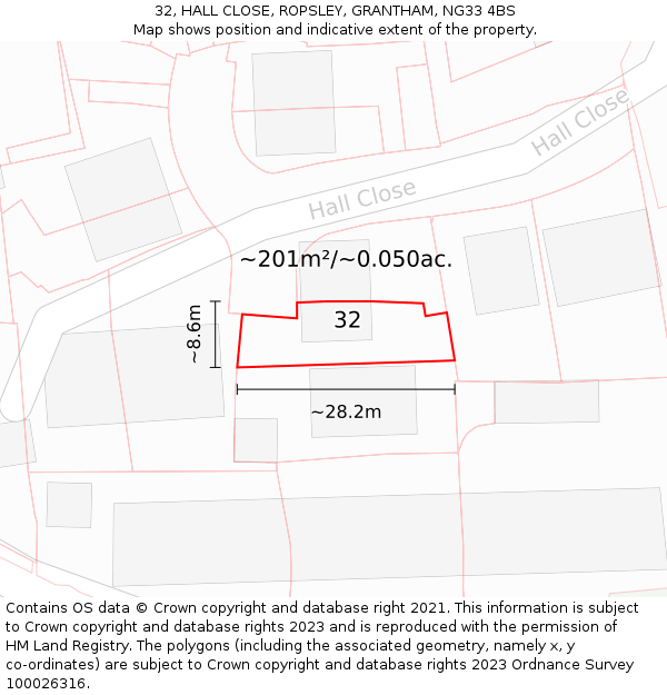 32, HALL CLOSE, ROPSLEY, GRANTHAM, NG33 4BS: Plot and title map