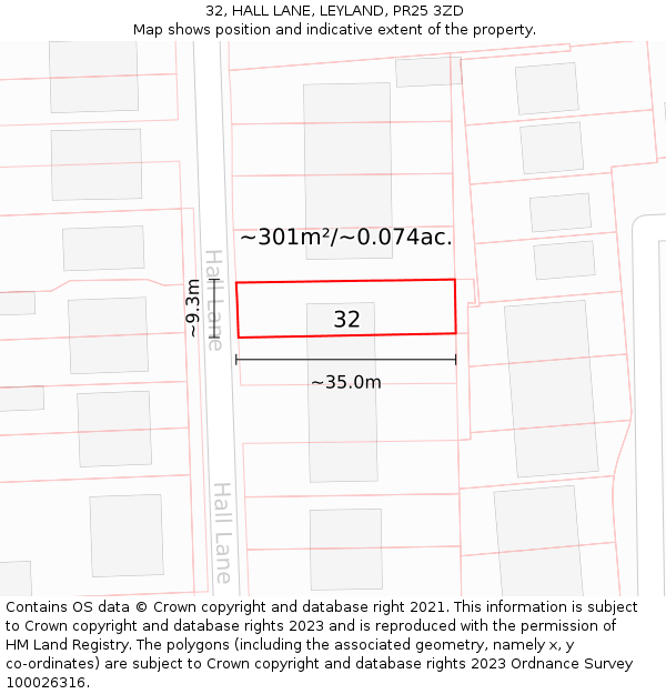 32, HALL LANE, LEYLAND, PR25 3ZD: Plot and title map