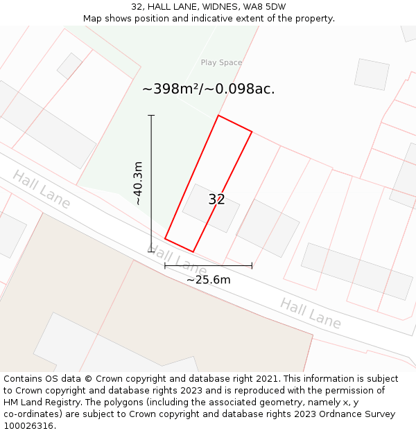 32, HALL LANE, WIDNES, WA8 5DW: Plot and title map