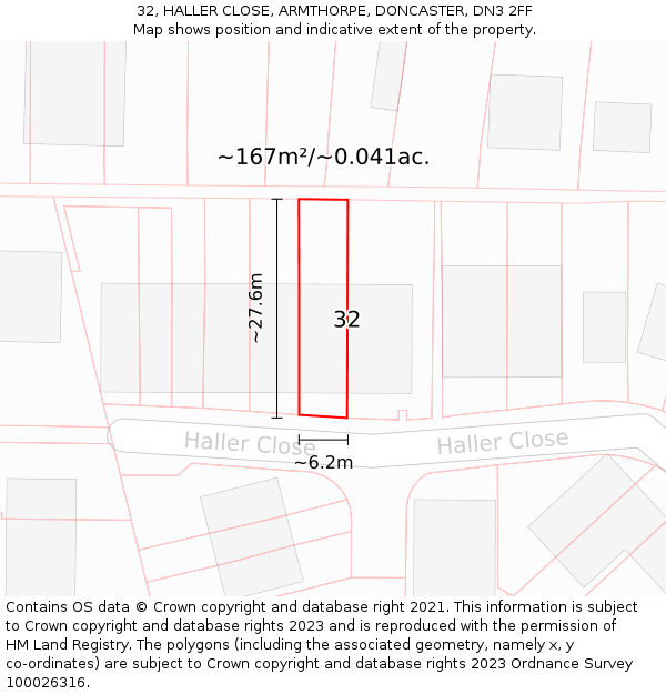 32, HALLER CLOSE, ARMTHORPE, DONCASTER, DN3 2FF: Plot and title map