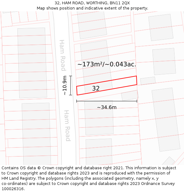 32, HAM ROAD, WORTHING, BN11 2QX: Plot and title map
