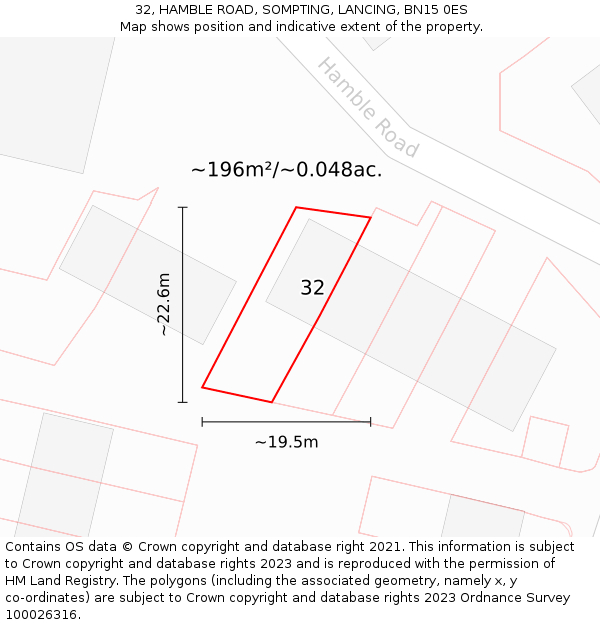 32, HAMBLE ROAD, SOMPTING, LANCING, BN15 0ES: Plot and title map