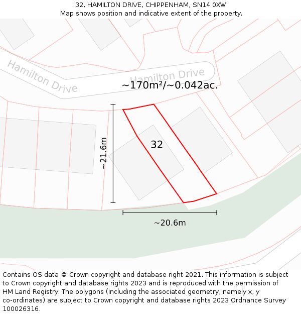 32, HAMILTON DRIVE, CHIPPENHAM, SN14 0XW: Plot and title map