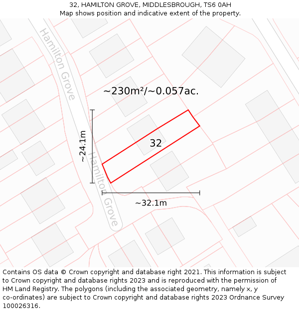 32, HAMILTON GROVE, MIDDLESBROUGH, TS6 0AH: Plot and title map