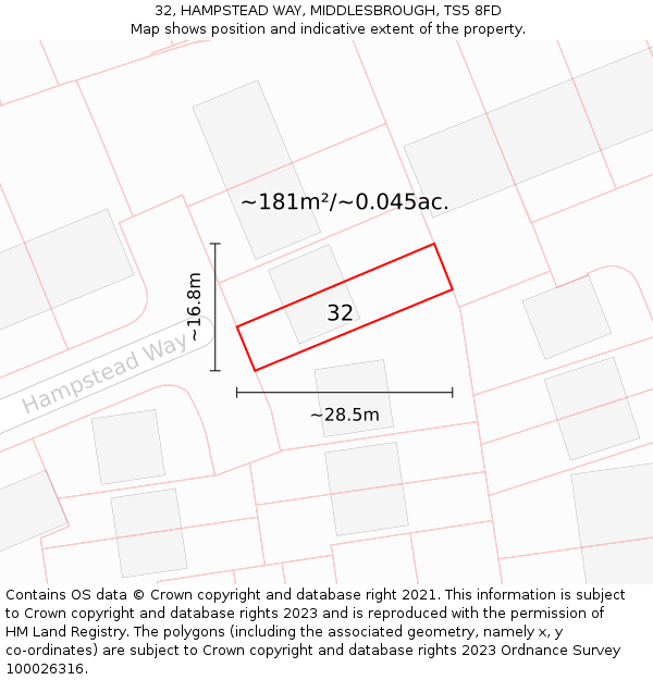 32, HAMPSTEAD WAY, MIDDLESBROUGH, TS5 8FD: Plot and title map