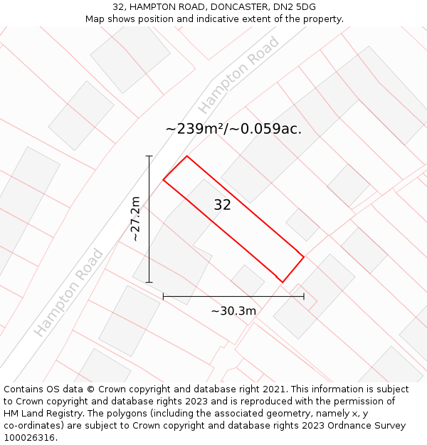 32, HAMPTON ROAD, DONCASTER, DN2 5DG: Plot and title map
